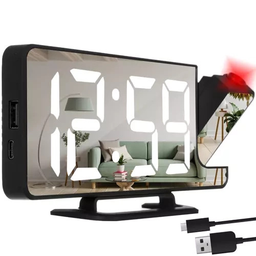Budík LED s projektorem a zrcadlem 4v1 - Hodiny, alarm, zrcadlo, projekce 180°