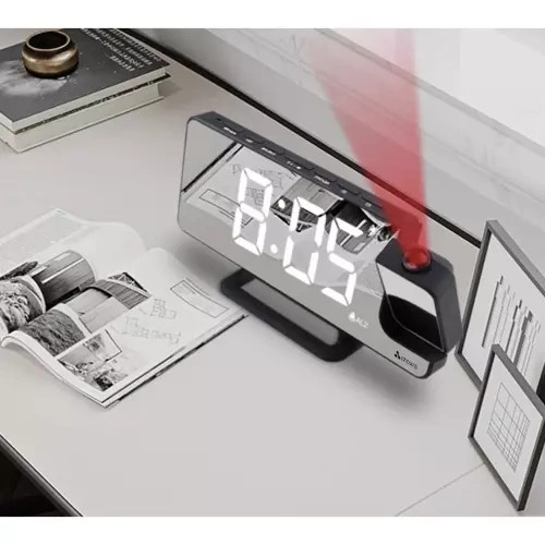 Budík LED s projektorem a zrcadlem 4v1 - Hodiny, alarm, zrcadlo, projekce 180°