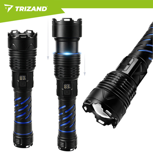 LED taktická svítilna TRIZAND 1500 lm – dobíjecí 5000 mAh, USB-C, zoom, vodotěsná