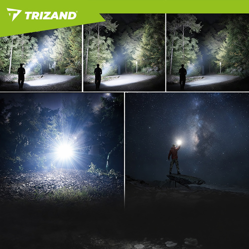 LED taktická svítilna TRIZAND 1500 lm – dobíjecí 5000 mAh, USB-C, zoom, vodotěsná