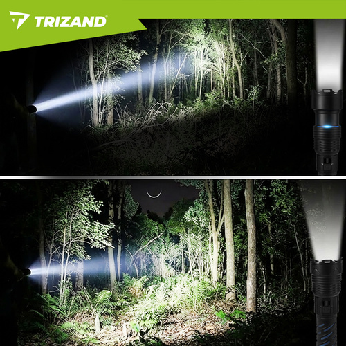 LED taktická svítilna TRIZAND 1500 lm – dobíjecí 5000 mAh, USB-C, zoom, vodotěsná