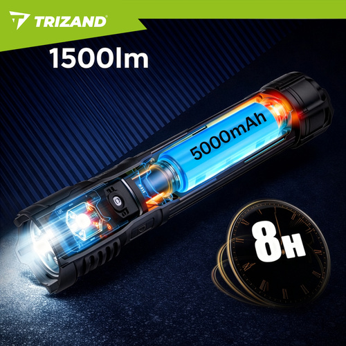 LED taktická svítilna TRIZAND 1500 lm – dobíjecí 5000 mAh, USB-C, zoom, vodotěsná