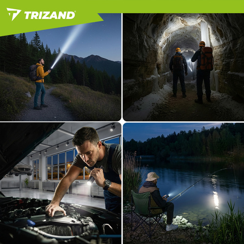 LED taktická svítilna TRIZAND 1500 lm – dobíjecí 5000 mAh, USB-C, zoom, vodotěsná