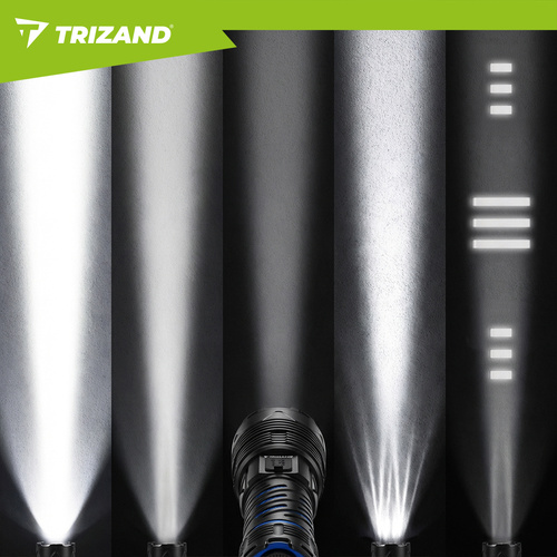 LED taktická svítilna TRIZAND 1500 lm – dobíjecí 5000 mAh, USB-C, zoom, vodotěsná