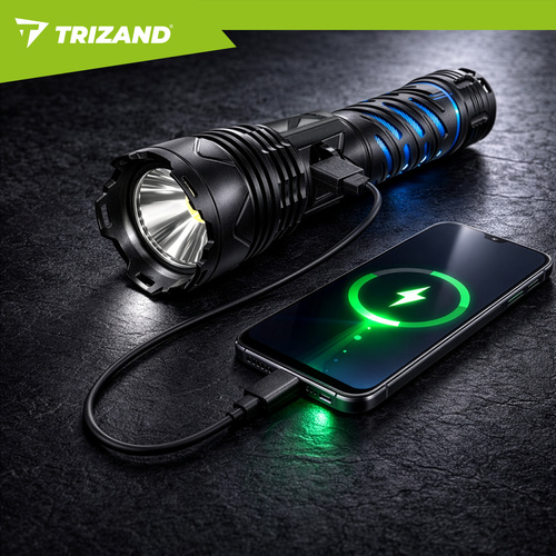 LED taktická svítilna TRIZAND 1500 lm – dobíjecí 5000 mAh, USB-C, zoom, vodotěsná