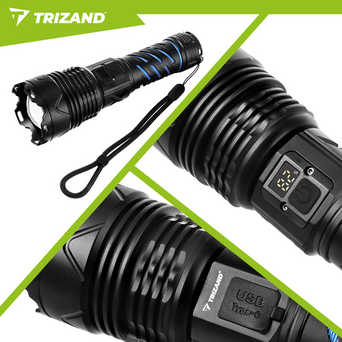LED taktická svítilna TRIZAND 1500 lm – dobíjecí 5000 mAh, USB-C, zoom, vodotěsná