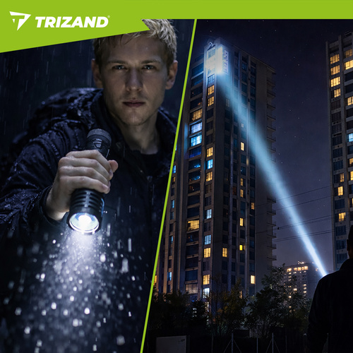 LED taktická svítilna TRIZAND 1500 lm – dobíjecí 5000 mAh, USB-C, zoom, vodotěsná