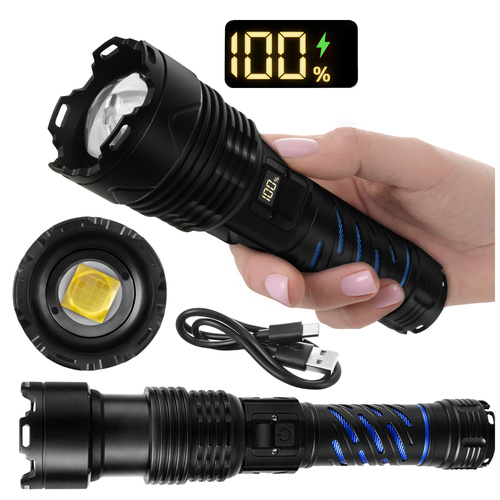 LED taktická svítilna TRIZAND 1500 lm – dobíjecí 5000 mAh, USB-C, zoom, vodotěsná