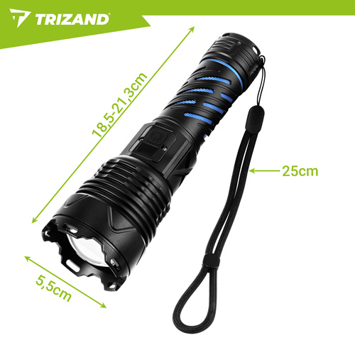 LED taktická svítilna TRIZAND 1500 lm – dobíjecí 5000 mAh, USB-C, zoom, vodotěsná