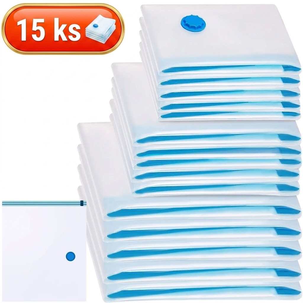 Vakuové sáčky sada 15 ks – tři velikosti 50×70, 60×80, 70×100 cm, opakovaně použitelné