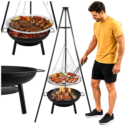 Trojnožkový zahradní gril 167 cm s ohništěm – nerezový rošt 58 cm, plynulé nastavení výšky