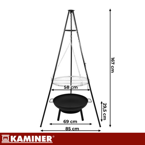 Trojnožkový zahradní gril 167 cm s ohništěm – nerezový rošt 58 cm, plynulé nastavení výšky
