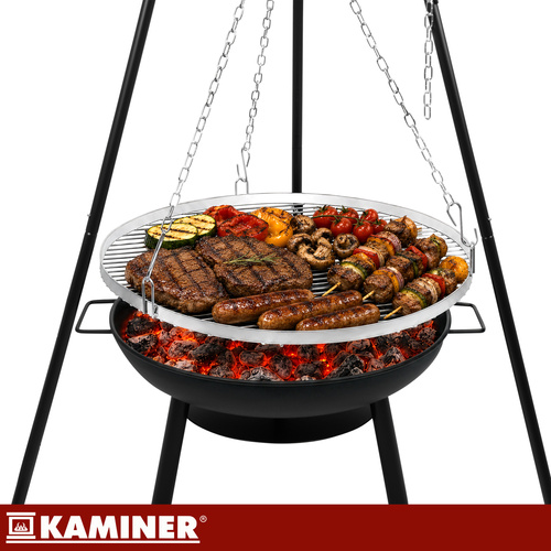 Trojnožkový zahradní gril 167 cm s ohništěm – nerezový rošt 58 cm, plynulé nastavení výšky